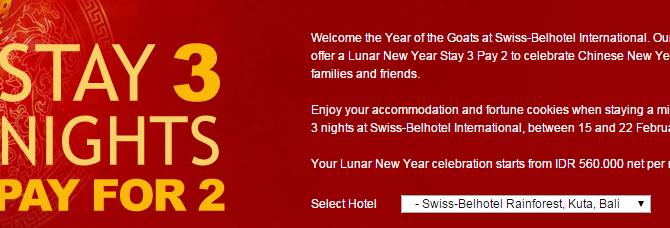 Swiss-BelHotel Indonesia stay 3 pay 2(33% off) promotion – book and stay before February 22, 2015